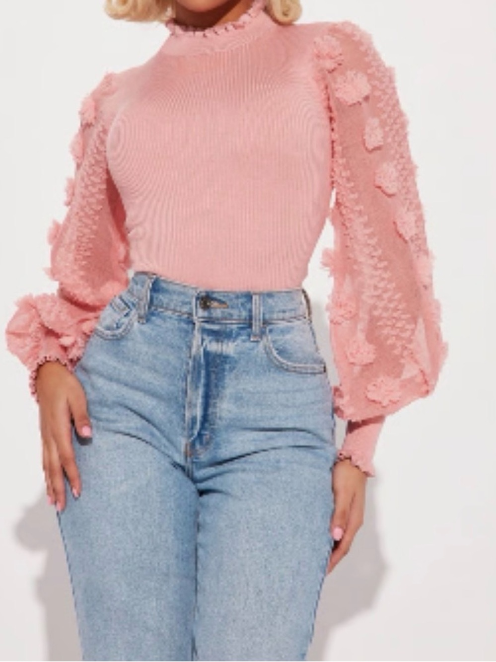 Pink Puff-Sleeve Ribbed Sweater - Picture 5 of 5